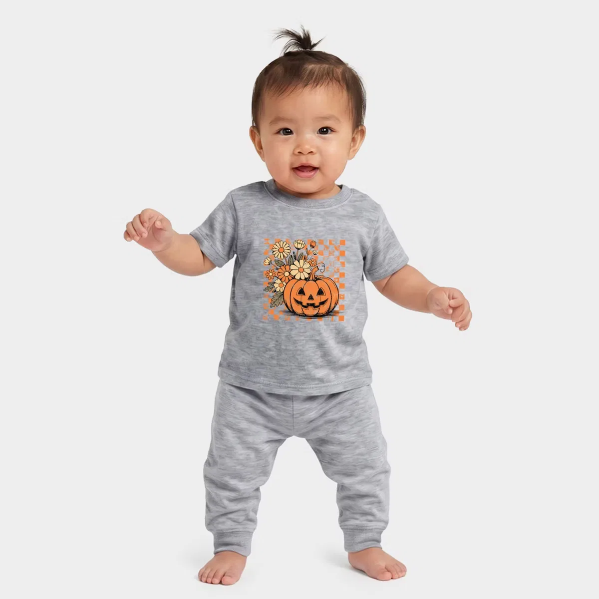 Комплект для младенцев с длинным рукавом футболка и штаны Retro Floral Pumpkin The Juniper Shop, heather grey