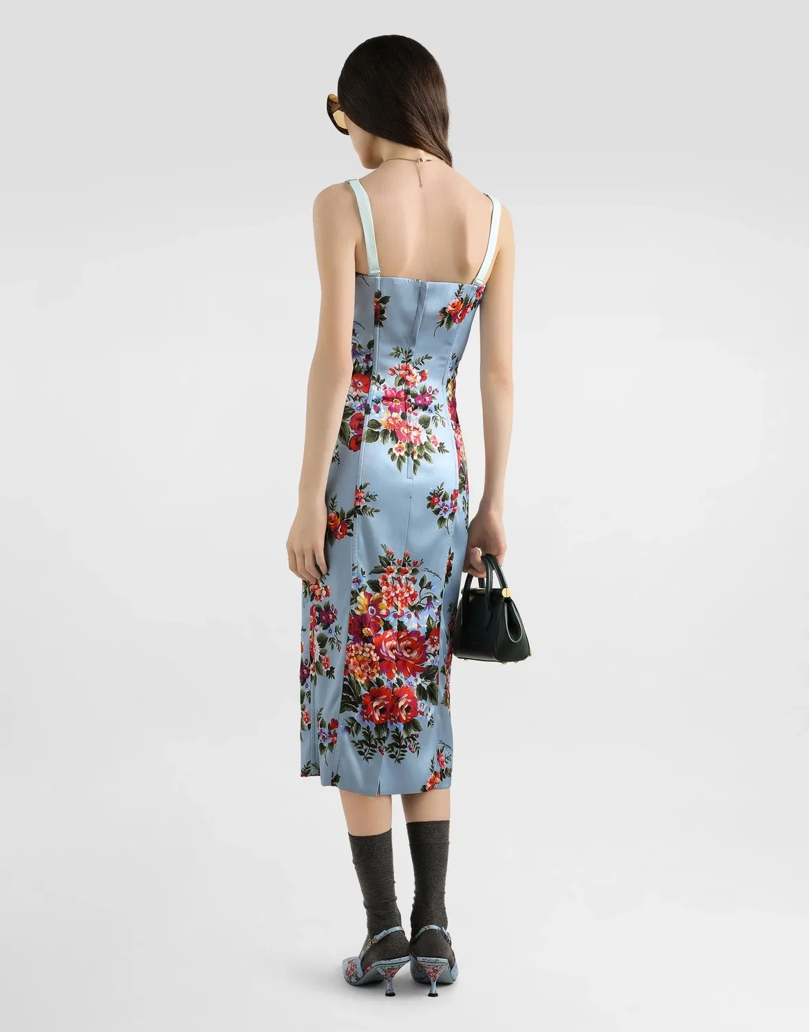 Атласное платье с цветочным принтом DOLCE & GABBANA, бежевый — фото 3