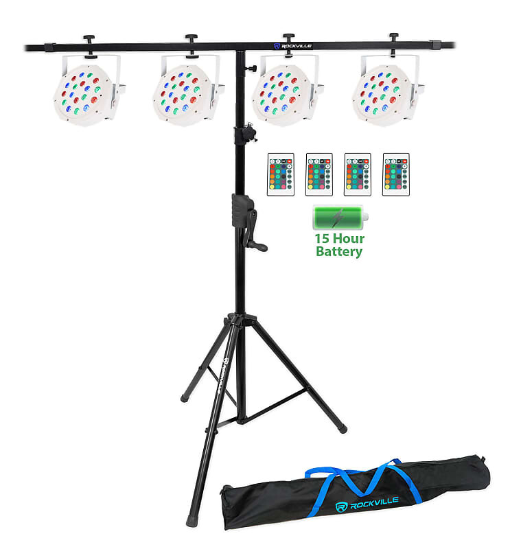 

4 Rockville BATTERY PAR 50 Белый перезаряжаемый светодиод DMX DJ Wash Lights + Crank Stand (4) BATTERY PAR 50 WHITE+RVCS2+RCS52