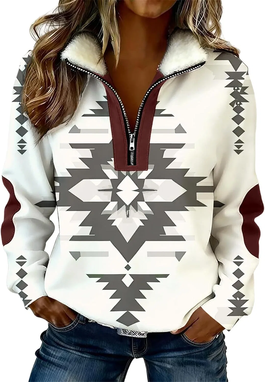 Женский свитшот с четвертью-молнией, принт, Western Aztec Print, мультиколор
