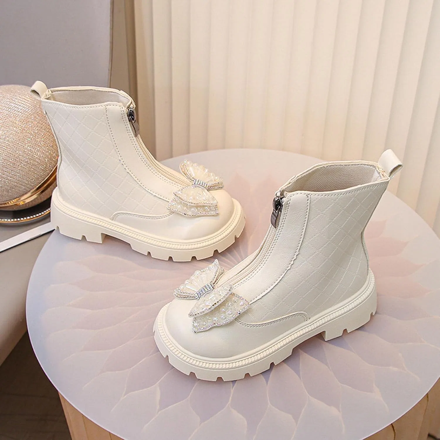 Детские зимние ботинки для девочек с бантом и молнией Zzalalana, Beige — фото 2
