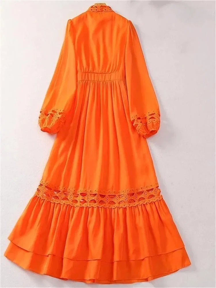 Женское платье с воланами и принтом, Flowy Ruffled Flowing Long Skirt Splice Summer Women's Elegant Embossed Dress Hollow Casual Cascading Draped Design Gown, оранжевый — фото 3