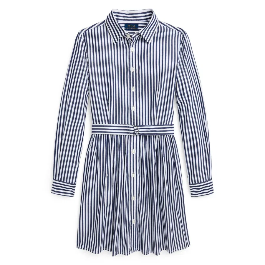 Платье-рубашка с полосатым принтом и поясом Kids Stripe Pattern Belted Shirt Dress Polo Ralph Lauren, Newport Navy/White
