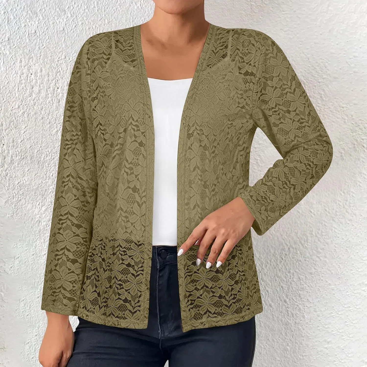 Женский легкий кардиган без застежки с кружевной сеткой, Long Sleeve Loose Cardigans, зелёный — фото 2