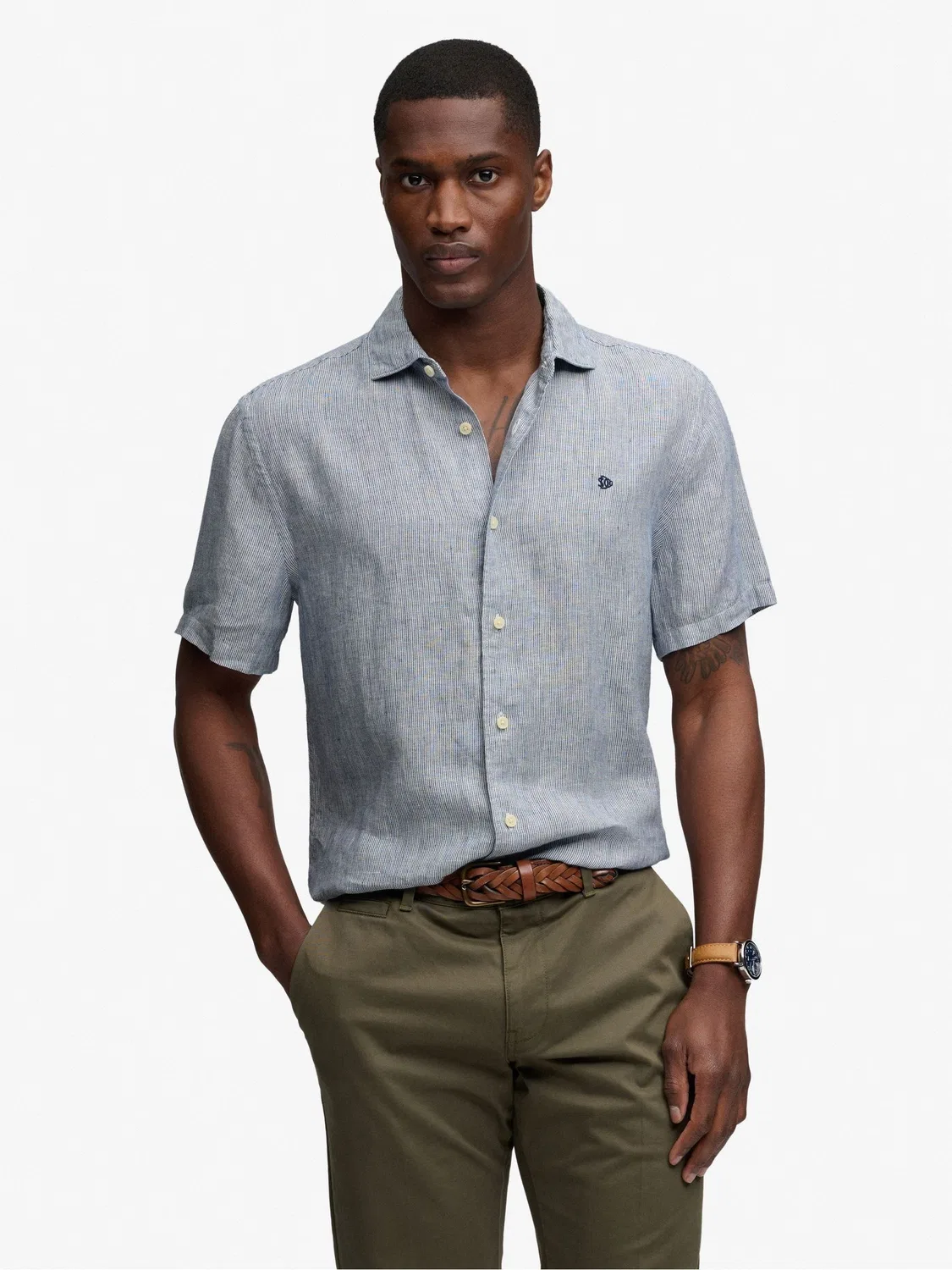 Темно-синяя льняная рубашка в полоску Superdry Ticking Riviera с короткими рукавами