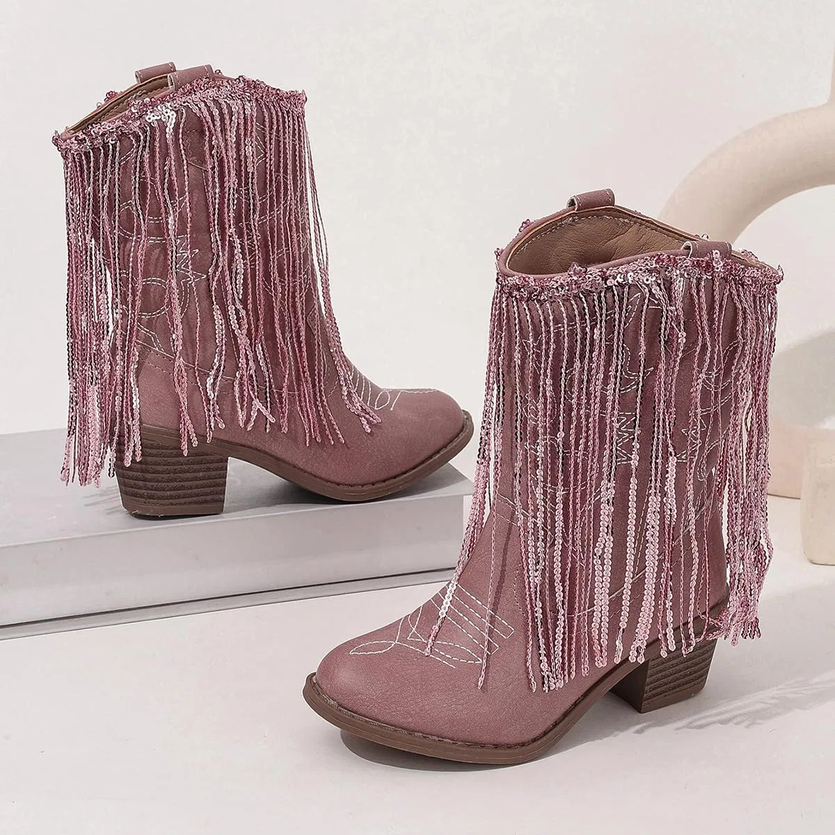 Детские зимние сапоги для девочек с кисточками и пайетками Princess Boots Auhoho, Pink Embroidery — фото 2