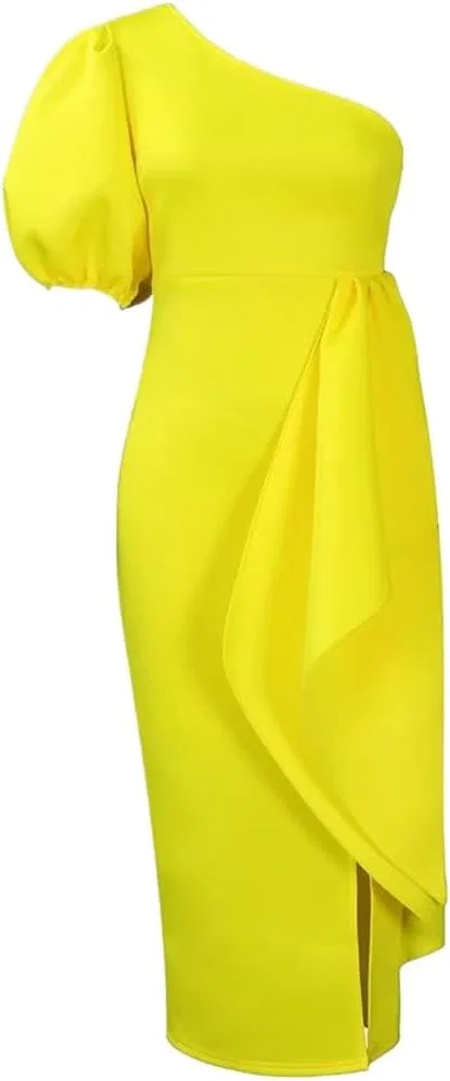 Женское платье с диагональным воротником и рюшами Generic, Yellow