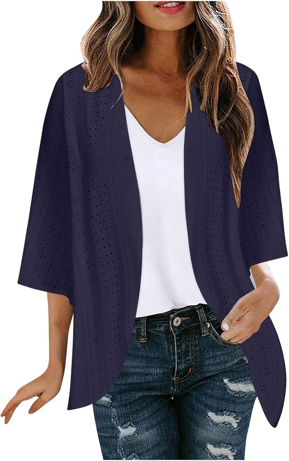 Женский кимоно-кардиган с вышивкой ажуром, 3/4 рукав, Dark Blue