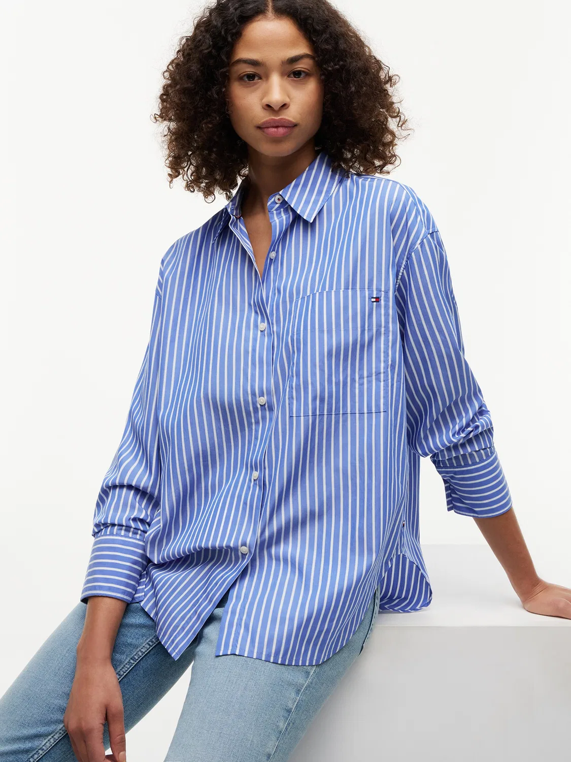 Блузка Tommy Hilfiger Oversized Fit Stripe Shirttail Hem синего цвета — фото 3