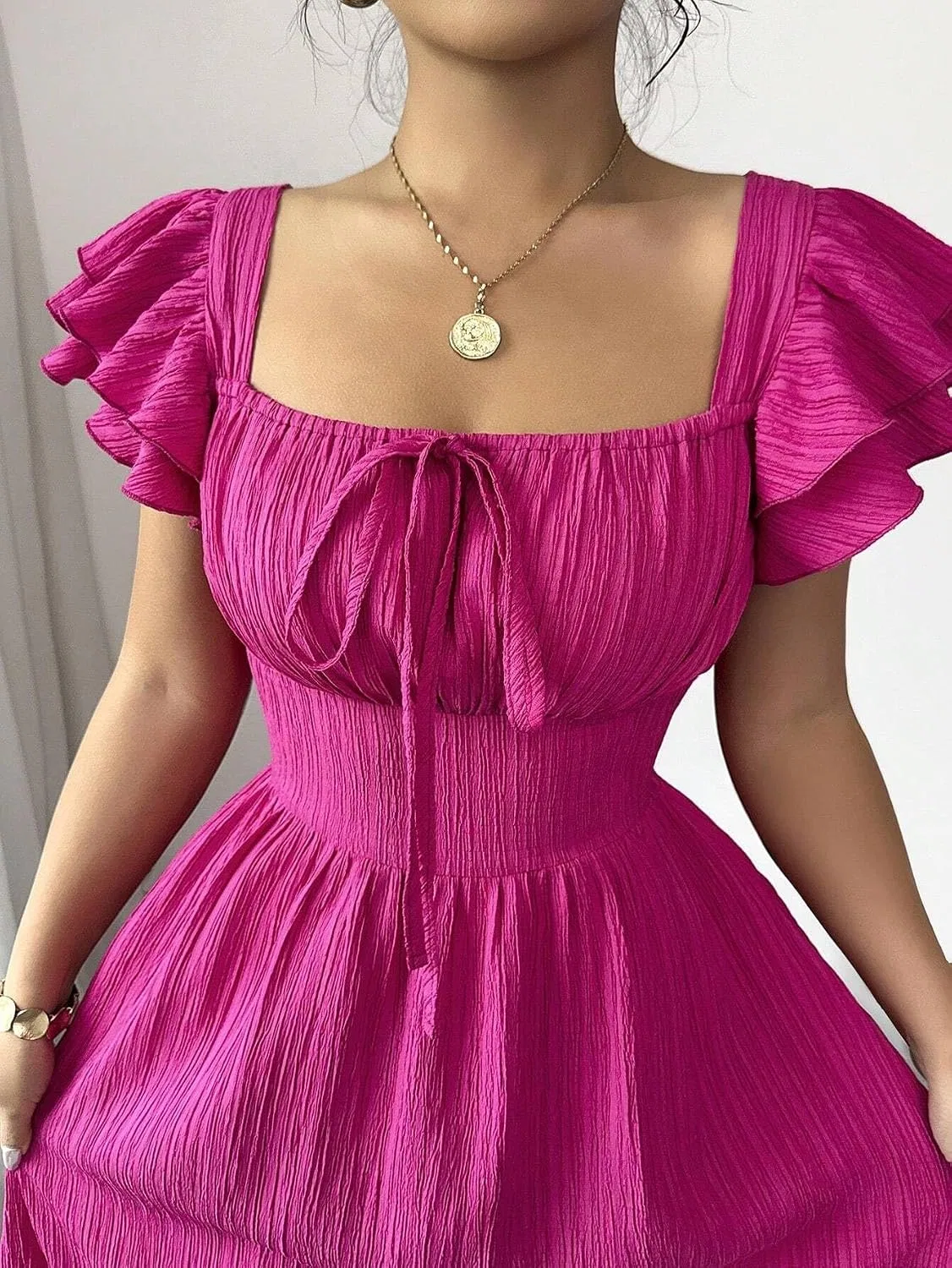Женское повседневное платье с квадратным вырезом и оборками, Hot Pink — фото 3