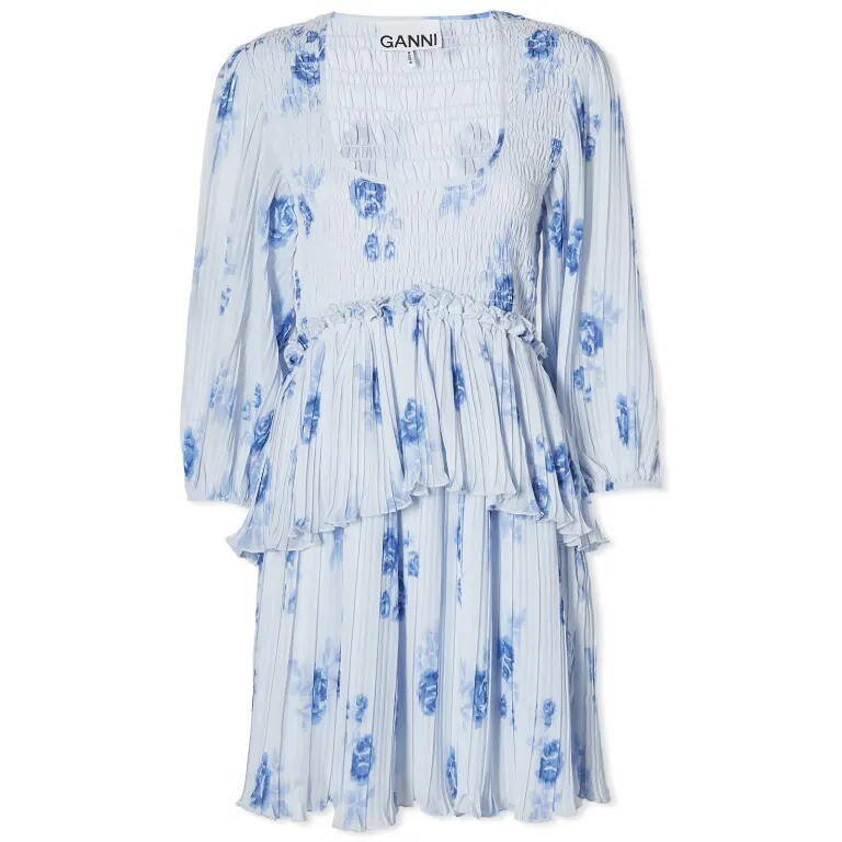 

Платье мини Ganni Pleated Georgette Flounce Smock, голубой