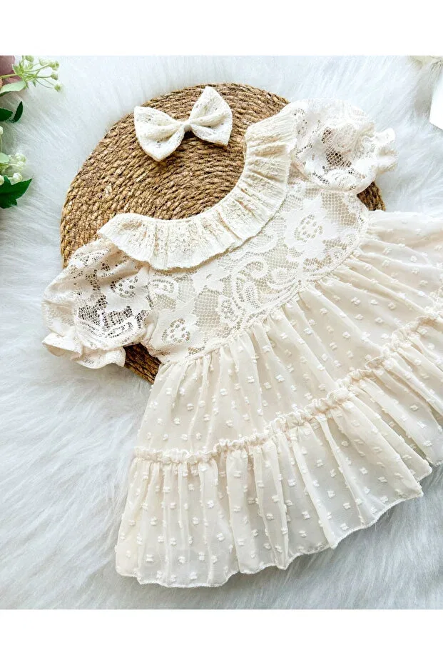 Детское платье-комбинезон для девочек кружевное Daphne lace embroidered and polka dot Aysskids, Ecru — фото 3