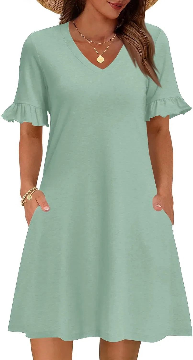Женское повседневное платье миди V-образным вырезом, Mint Green — фото 2