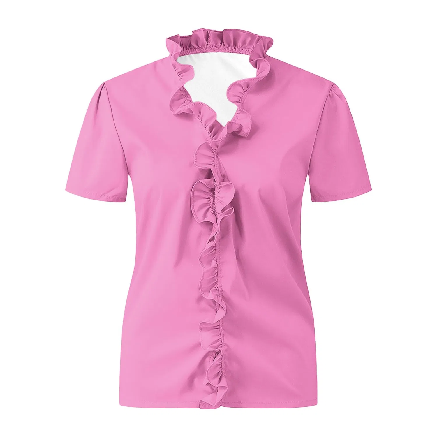 Женская футболка с V-образным вырезом и рюшами Elegant Women V Neck Ruffles T Shirts, Short Sleeve-pink 01 — фото 4