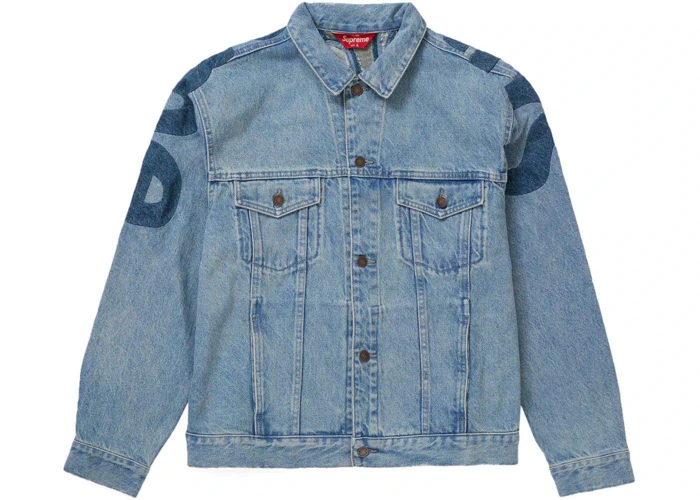Мужская джинсовая куртка-тракер с крупной вставкой логотипа Supreme, Washed Blue