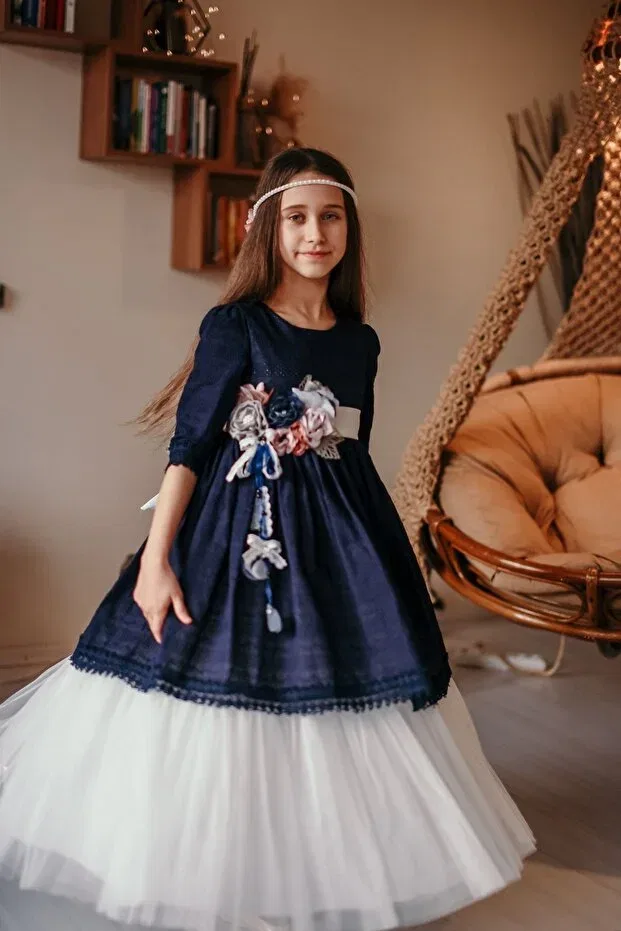 Детское платье для девочек с длинным рукавом Mialora Exclusive, Navy Blue — фото 2