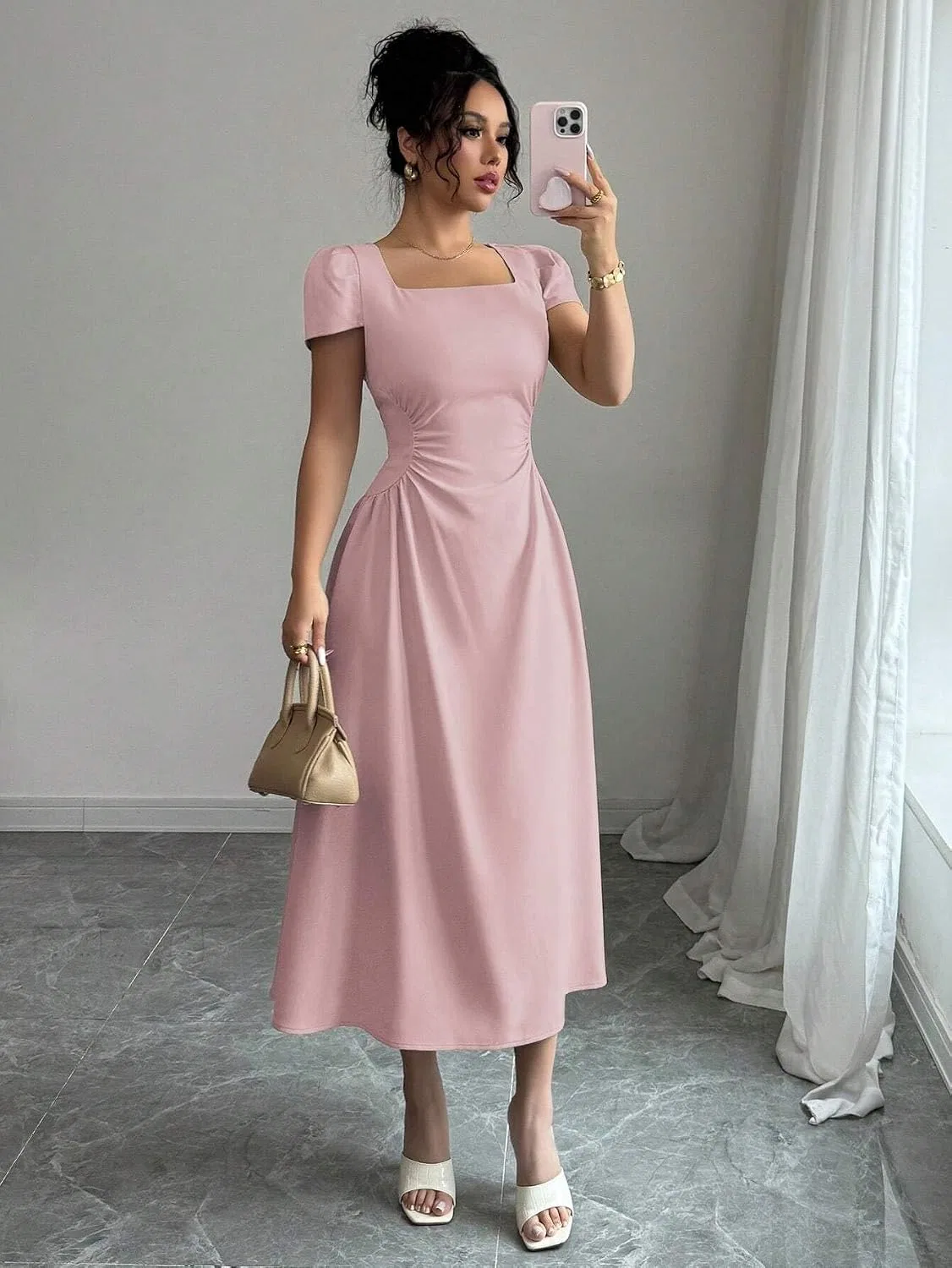Женское элегантное платье миди A-силуэта с завышенной талией, Pink — фото 2