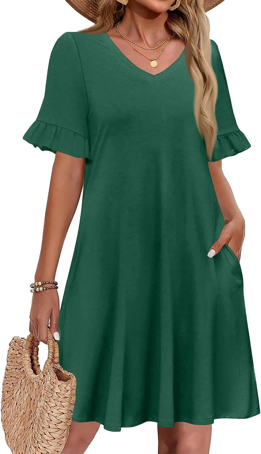 Женское повседневное платье миди с рюшами, Dark Green