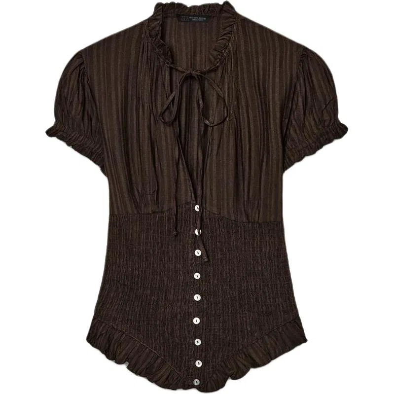 Женская рубашка с V-образным вырезом Dark Brown ZARA