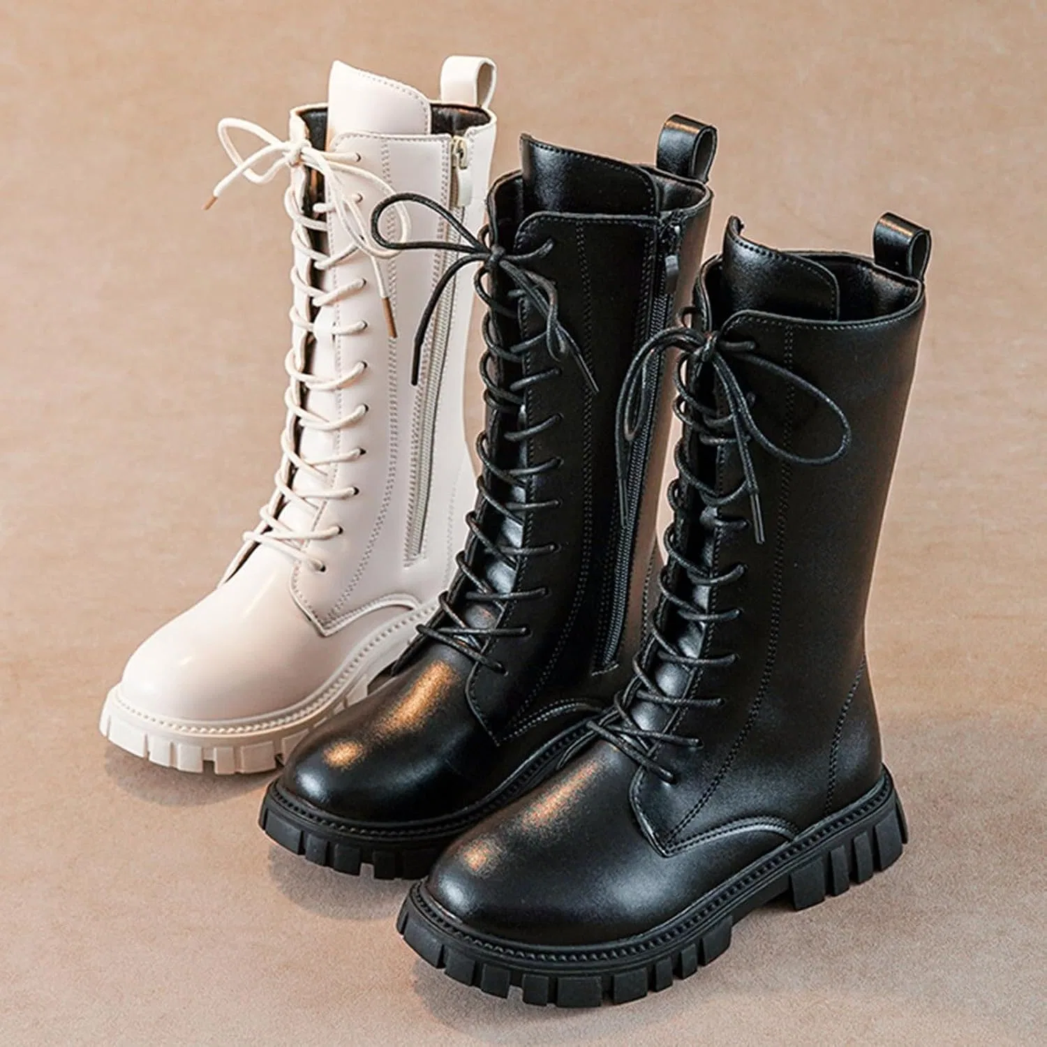 Детские ботинки для девочек на шнуровке с боковой молнией, модель Combat Boots, White — фото 4
