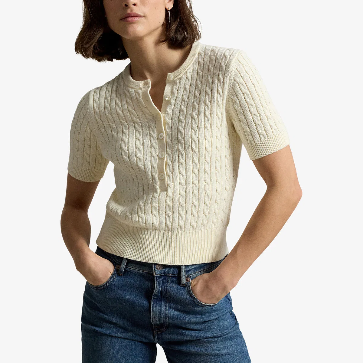 Хлопковый джемпер крупной вязки с вышивкой бренда Polo Ralph Lauren, клубничный — фото 3