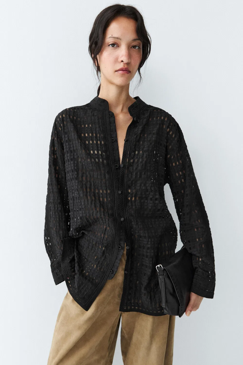 Рубашка Massimo Dutti Flowing Embroidered, черный