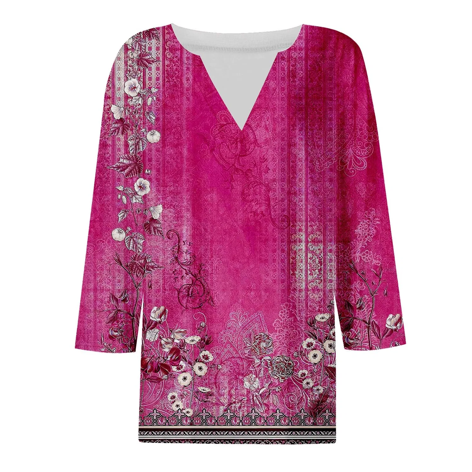 Женская блуза с принтом Women Blouses 3/4 Sleeve V Neck Casual Elegant Summer Boho Floral Print Blouses, 37#rosa — фото 3