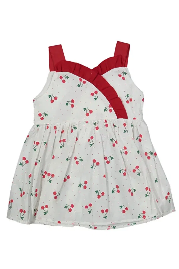 Детское платье для девочек с принтом Cherry Patterned Ruffle V-Neck Strap Mama And Miel, White