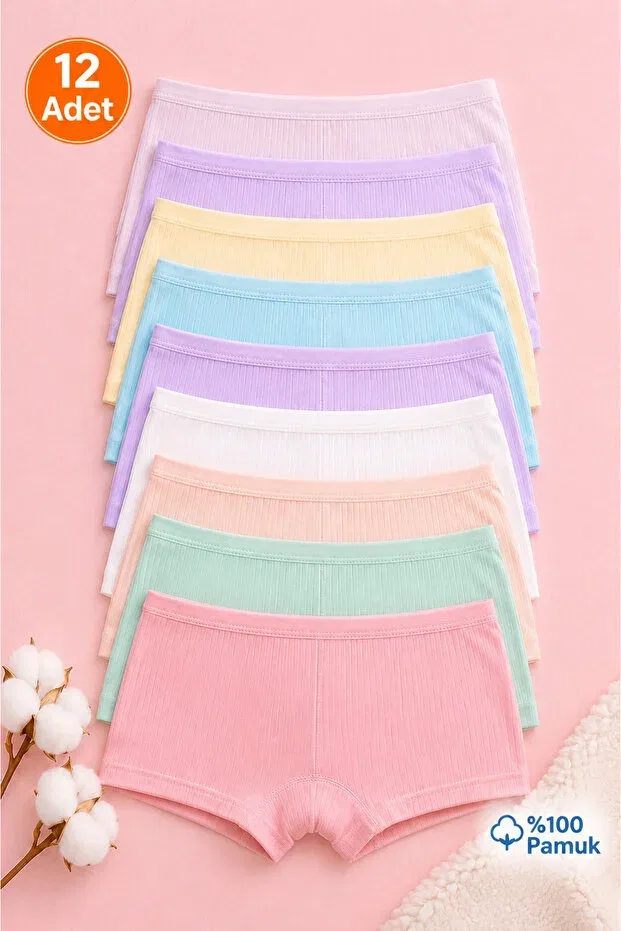 Детские трусы для девочек хлопковые комплект 12 шт Ultra comfortable 100% cotton ribbed girls' panties 12 pieces Meyzz, Assorted Ribbed Boxers