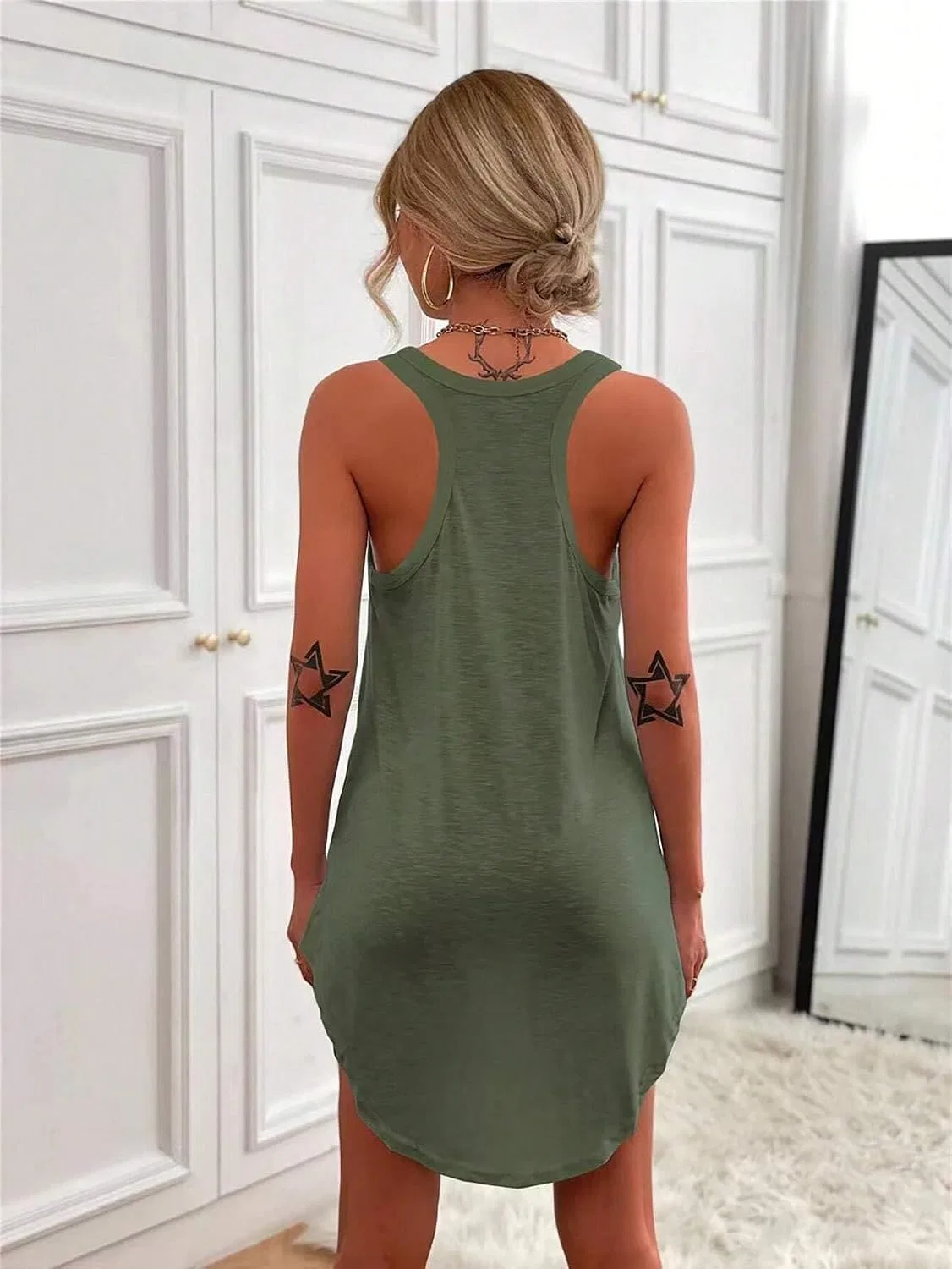 Женское повседневное короткое платье без рукавов, Army Green — фото 3