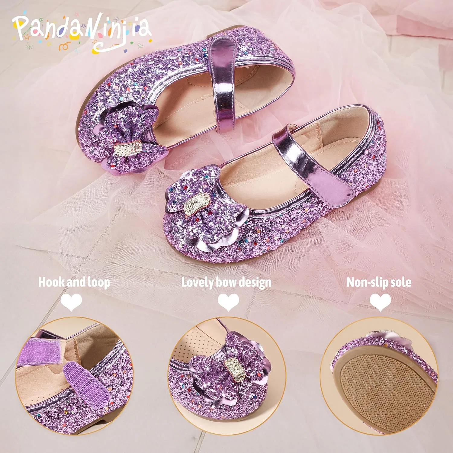 Детские балетки для девочек с цветочным принтом PANDANINJIA, Purple Sequin — фото 4