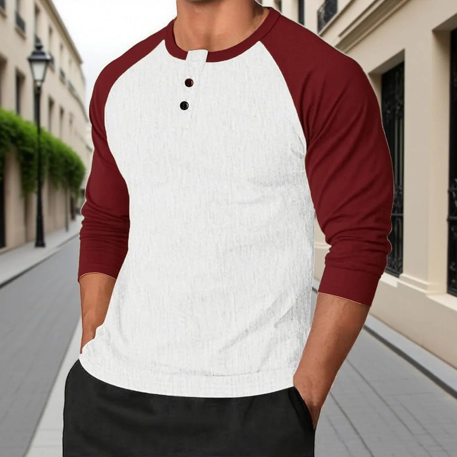 Мужская облегающая футболка с длинным рукавом реглан Henley Color Block, Wine — фото 2