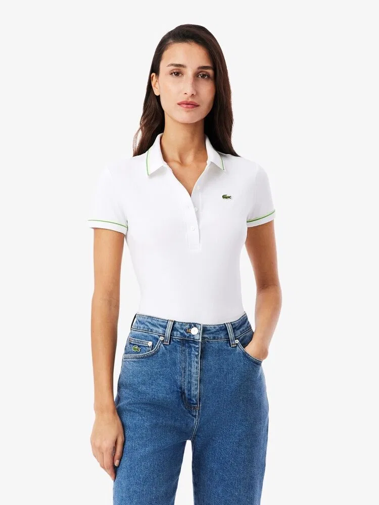 Футболка поло LACOSTE White, Slim Fit, с пипингом