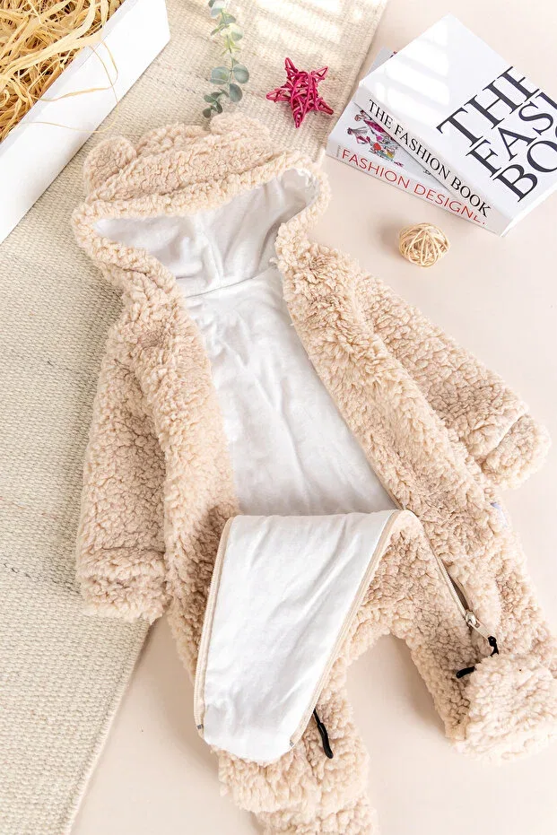 Детский комбинезон-сафари с капюшоном Welsoft plush winter baby girl/boy jumpsuit with hooded teddy bear figure Babymod, Beige — фото 2