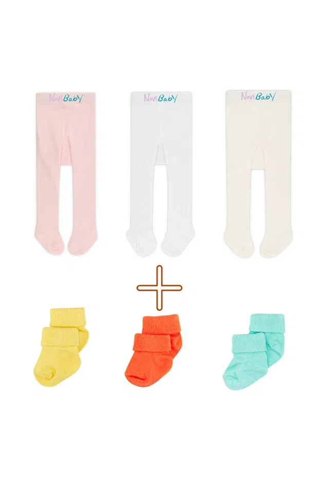 Детский комплект колготок и носок с хлопком и бамбуком Novibaby, White Ecru Pink2