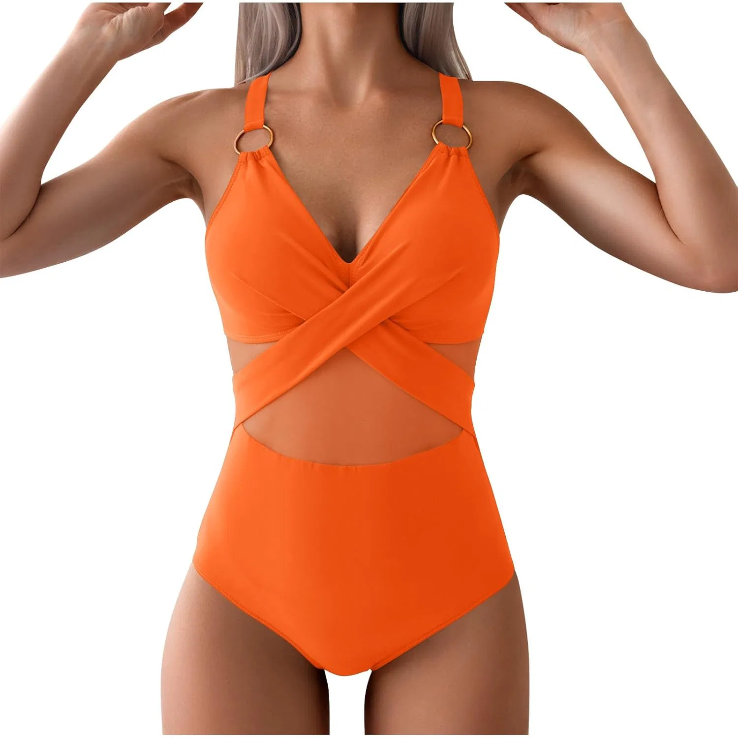 Женский слитный купальник с V-образным вырезом, сетчатыми вставками Criss Cross, Orange