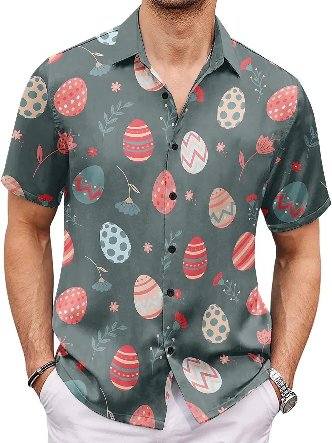 Мужская рубашка с принтом Easter Button Down Shirts, Dark Gray-Green