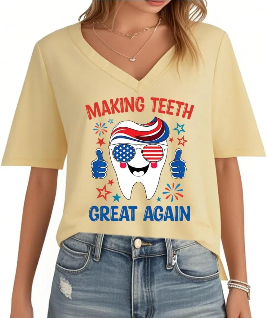 Женская футболка с принтом Making Teeth Great Again V-образным вырезом, Creamy Yellow
