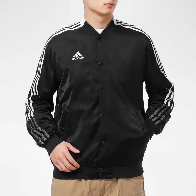 Куртка-бейсболка ветрозащитная с логотипом и полосами Adidas, черный — фото 3