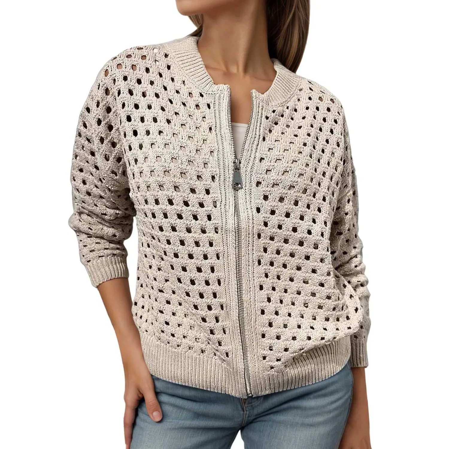 Женская куртка с молнией с перфорацией, Beige