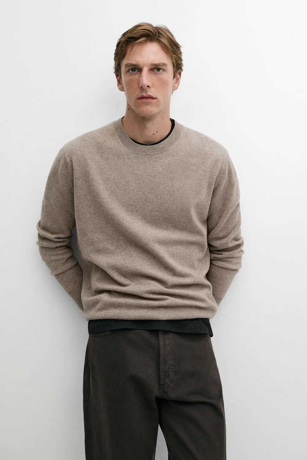 Свитер Massimo Dutti Wool Blend Round Neck Knit, бежево-серый