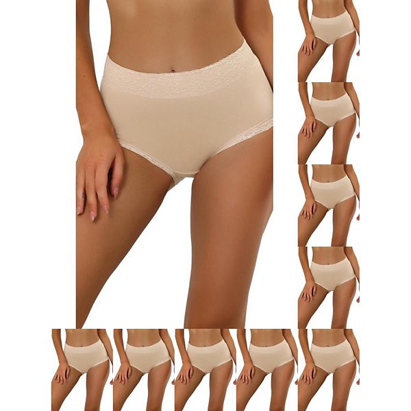 

10 упаковок женского хлопкового белья с высокой талией, кружевной отделкой, эффектом контроля живота и полным покрытием Inspire Chic, Beige
