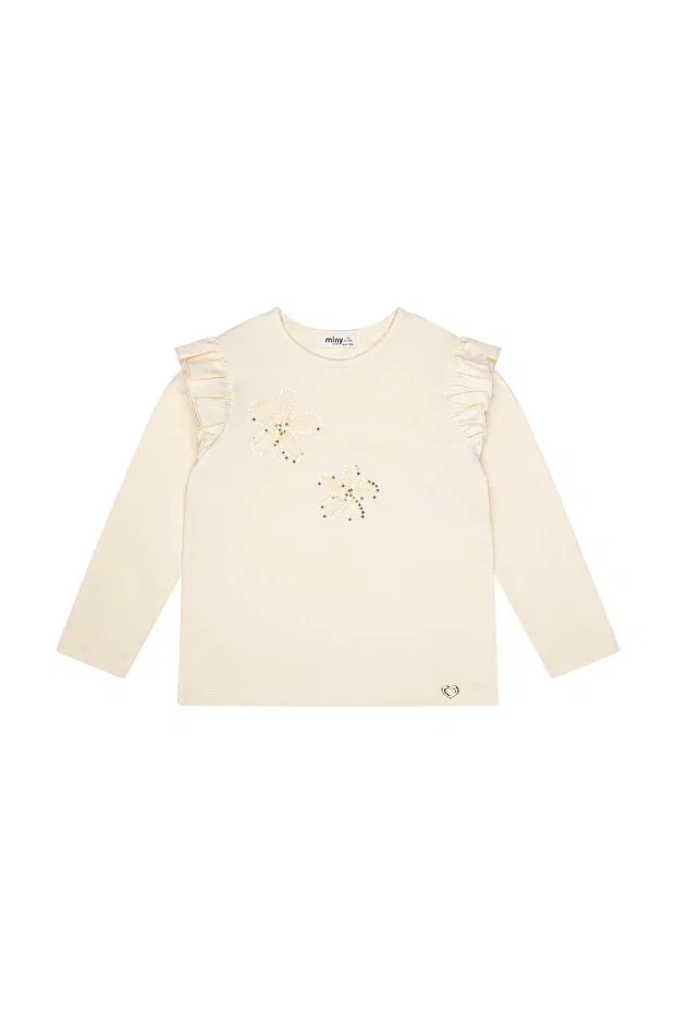 Детская футболка с длинным рукавом с принтом Floral Embroidered Shoulder Ruffle Long Sleeve Tshirt Minycenter, Ecru — фото 2