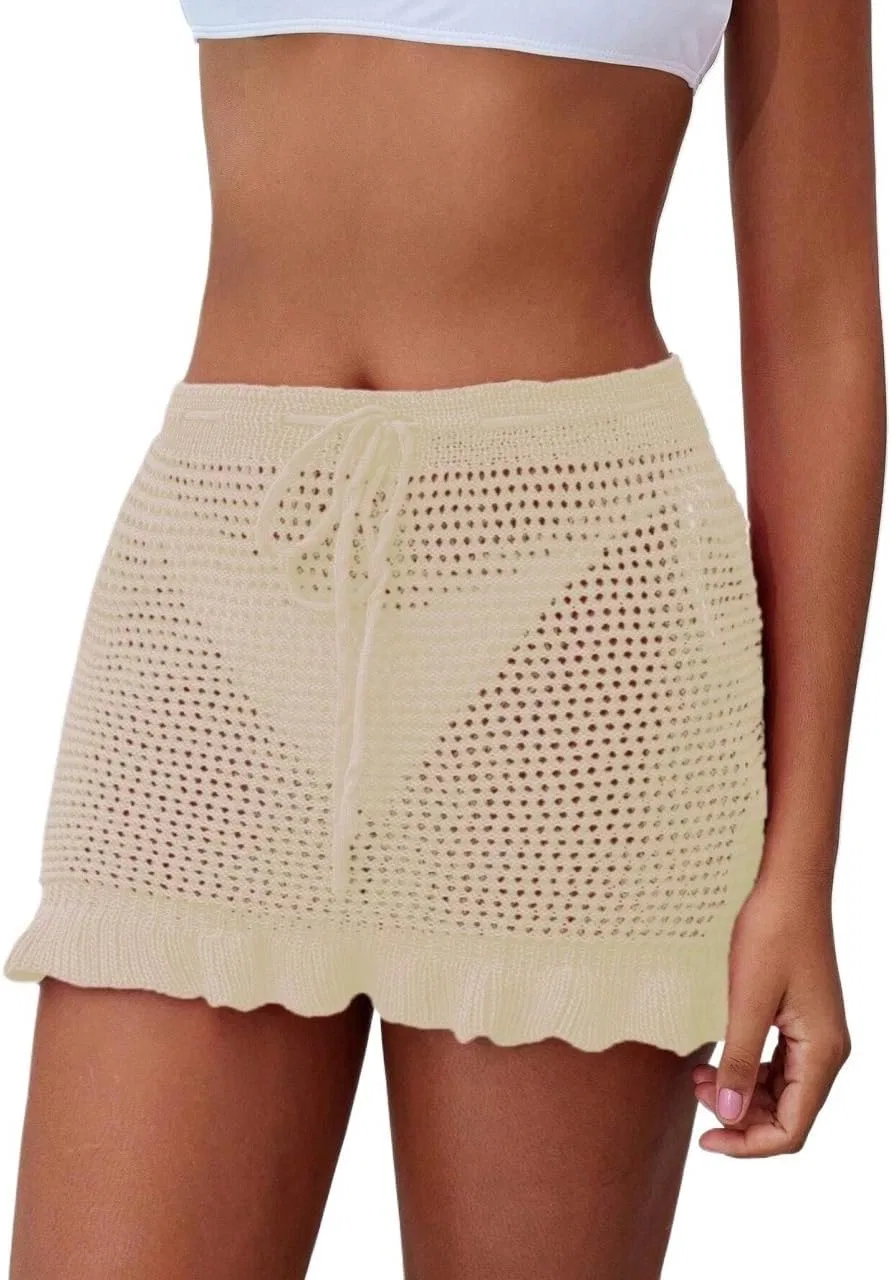 Женский пляжный костюм с завязками и мини-юбкой, Beige
