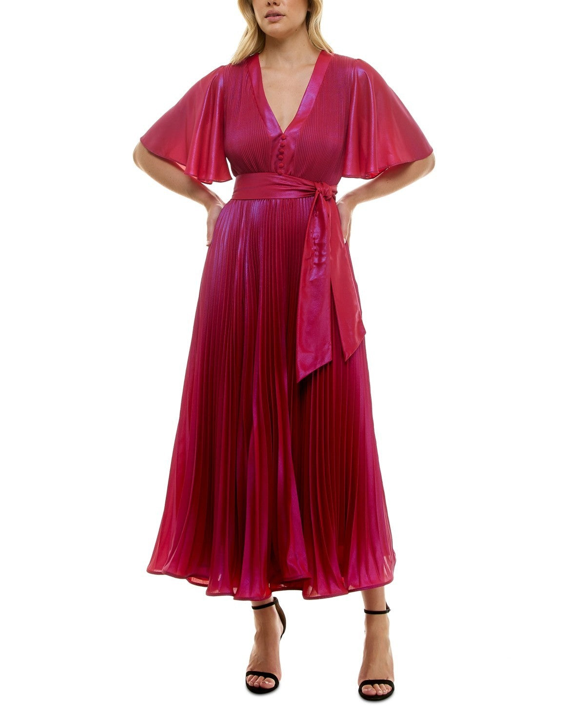 

Платье миди Taylor женское красное с мерцающим эффектом и плиссированным солнцем с разлетающимися рукавами