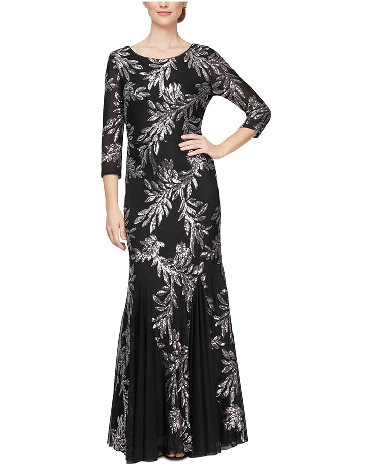 

Платье Alex Evenings Long Fit-and-Flare with Godet Detail Skirt and 3/4 Sleeves, цвет Black/Pewter