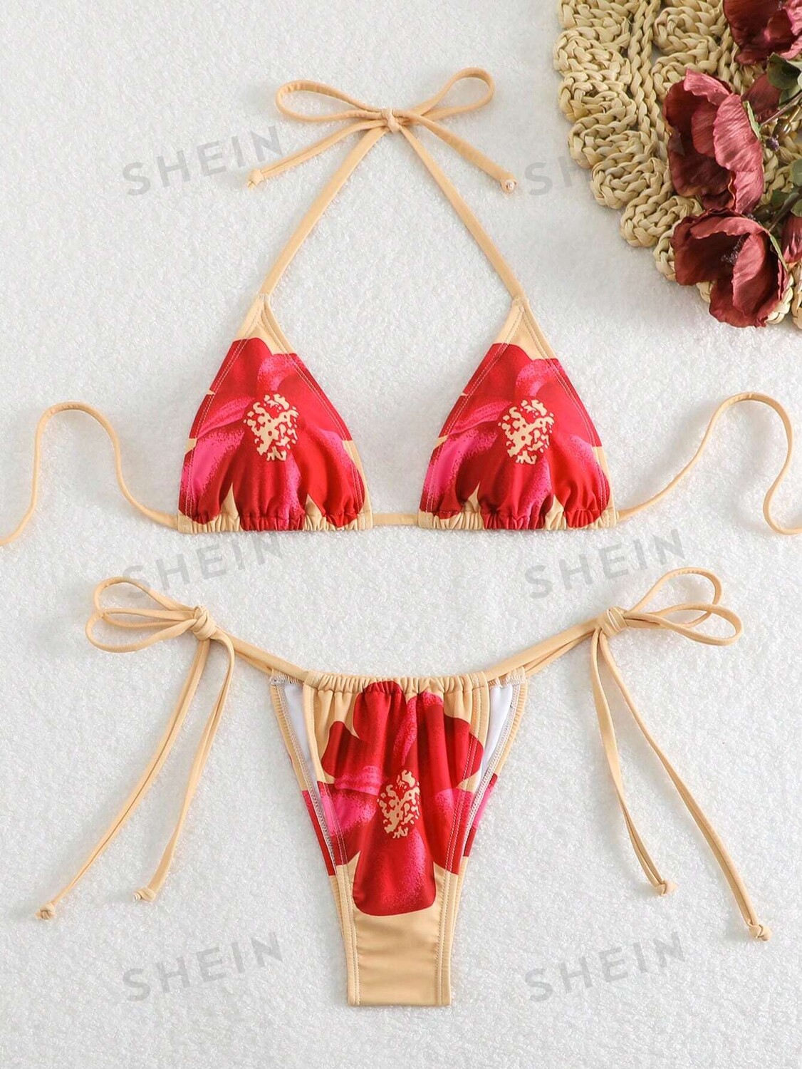 

Купальник Shein Swim Vcay с принтом, бежевый / красный