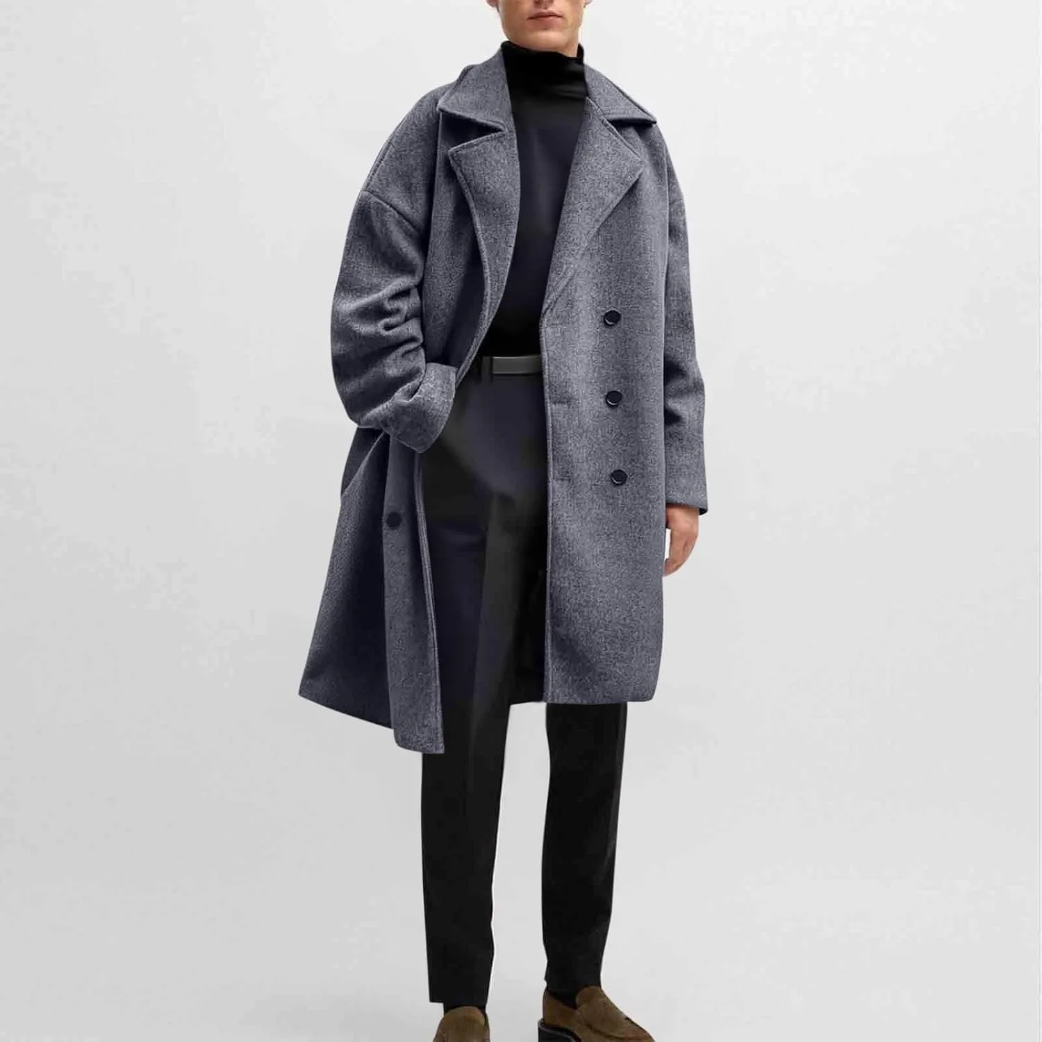 Мужское пальто pea coat средней длины из шерстяной смеси с двубортной застежкой и отложным воротником, утепленное зимнее тренч Generic, серый — фото 2