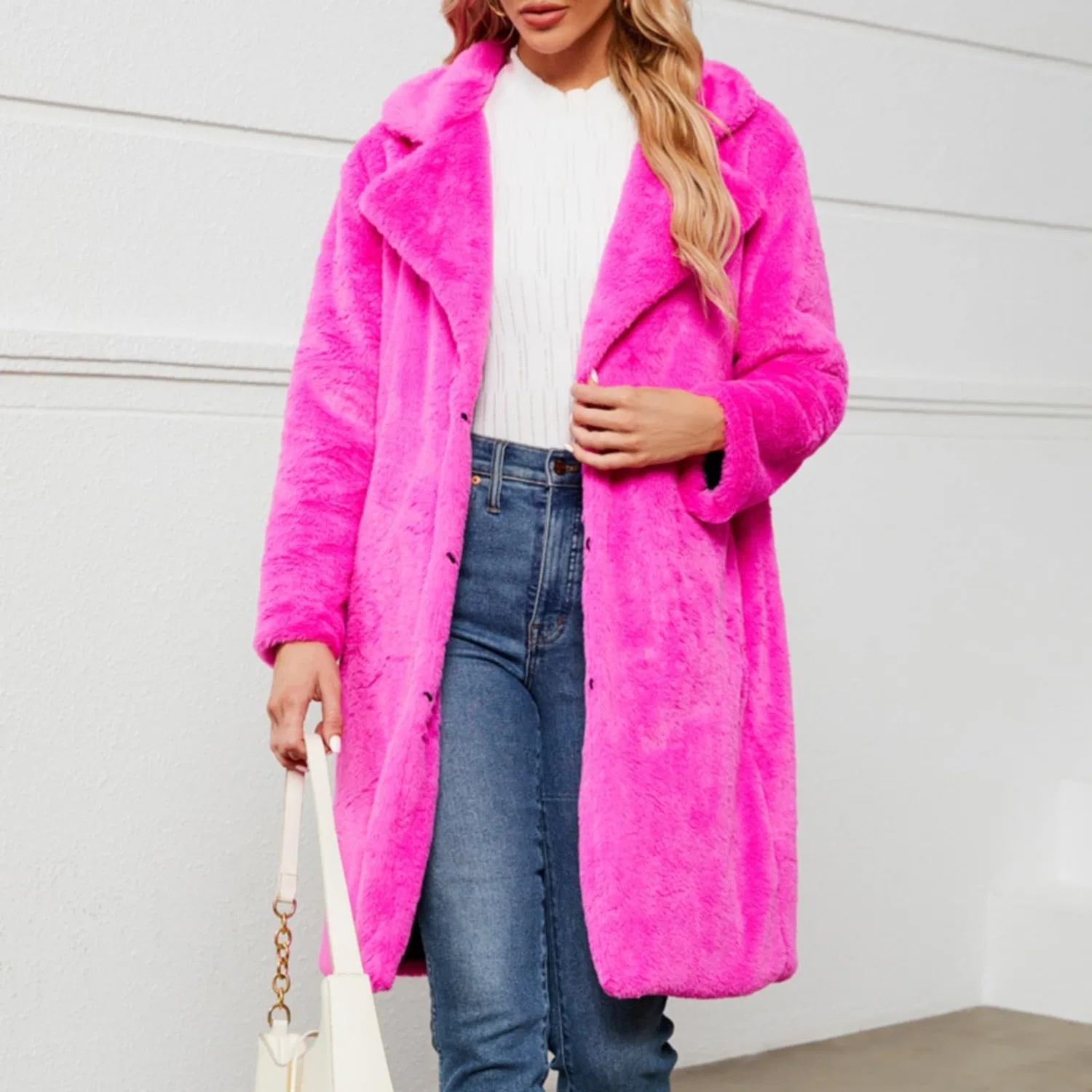 Женское зимнее пальто с открытым передом, модель Furry Jackets Sweaters, Hot Pink — фото 3