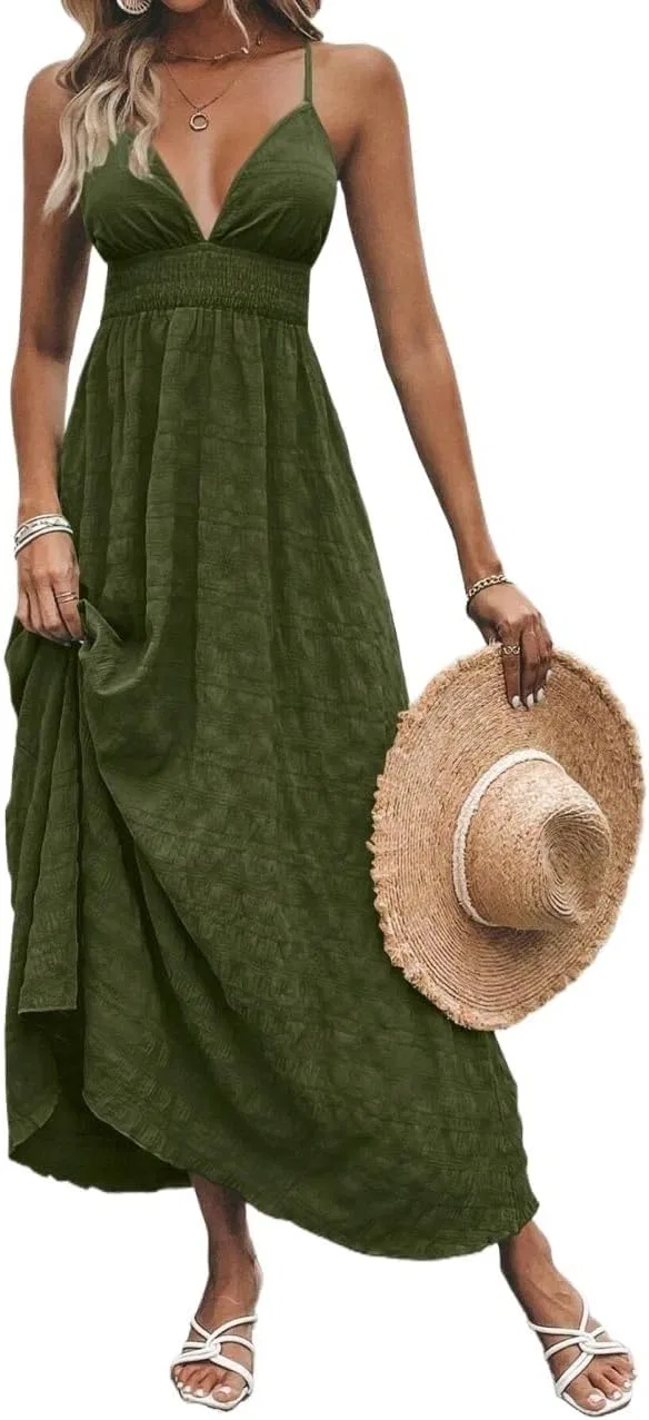 Женское длинное ками-платье на тонких бретелях, сплошной цвет, Olive Green